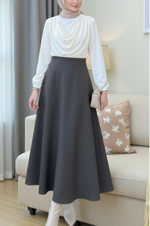 Loose Flared Scuba Puff Skirt     -Smoked 