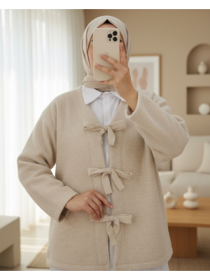Önü Bağlamalı Kırçıllı Kaşe Ceket -Bej