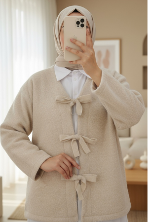 Önü Bağlamalı Kırçıllı Kaşe Ceket -Bej