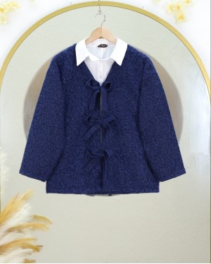 Front Tie Flecked Cashmere Jacket -Navy blue