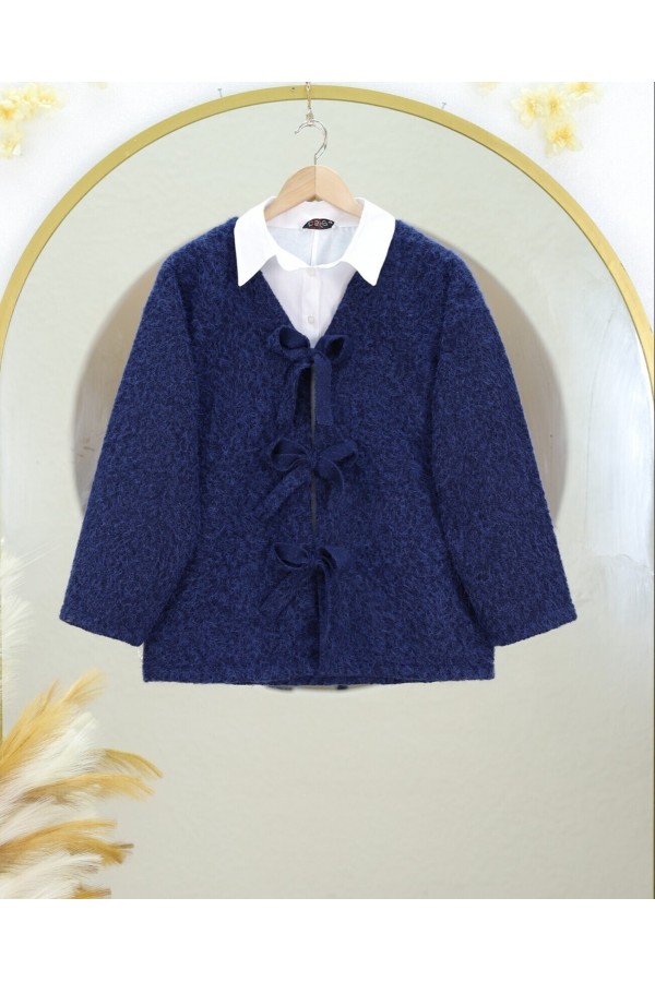 Front Tie Flecked Cashmere Jacket -Navy blue