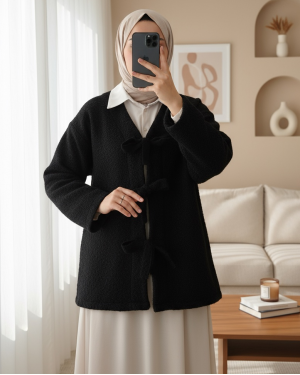 Front Tie Flecked Cashmere Jacket -Black