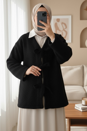 Önü Bağlamalı Kırçıllı Kaşe Ceket -Siyah