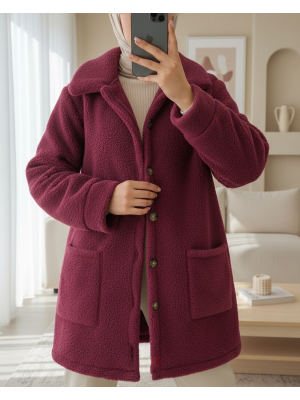 Boydan Düğmeli Cepli Pelüş Ceket   -Bordo