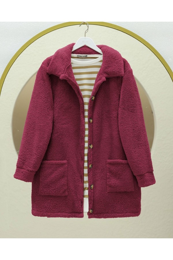 Boydan Düğmeli Cepli Pelüş Ceket   -Bordo