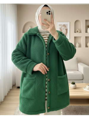 Boydan Düğmeli Cepli Pelüş Ceket   -Yeşil