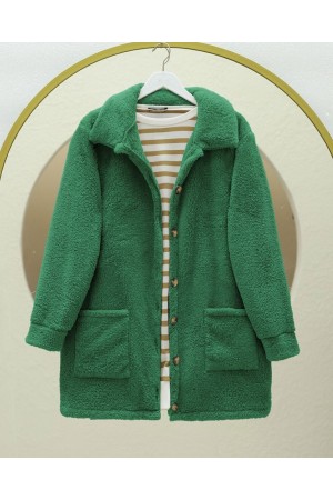 Plush Jacket with Buttoned Pockets   -Green
