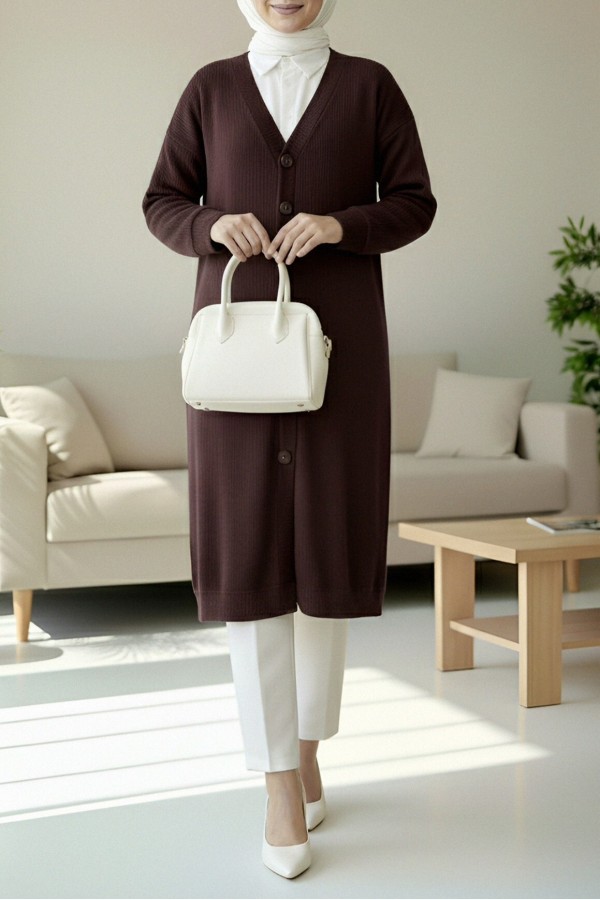 Corduroy Fabric Buttoned Long Cardigan   -Damson