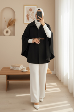 Omuzu Düğmeli Beli Kemerli Kaşe Panço -Siyah