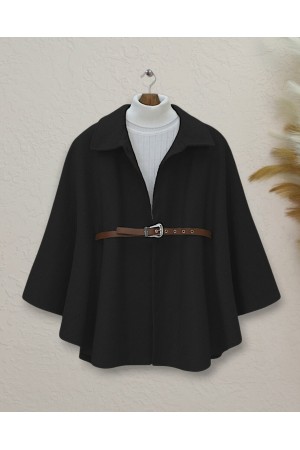 Omuzu Düğmeli Beli Kemerli Kaşe Panço -Siyah
