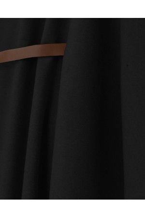 Omuzu Düğmeli Beli Kemerli Kaşe Panço -Siyah