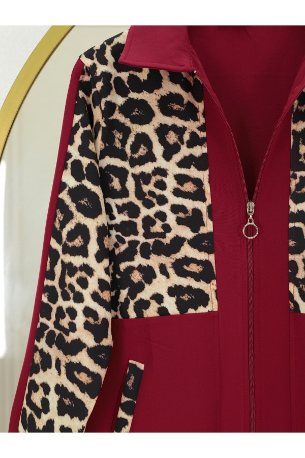 Shirt Collar Zippered Trouser Suit -Maroon