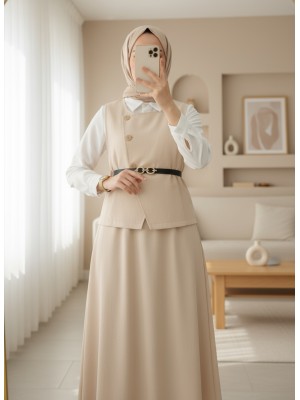 Çapraz Düğmeli Yelek Etek İkili Takım -Bej