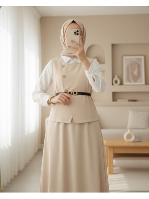 Çapraz Düğmeli Yelek Etek İkili Takım -Bej