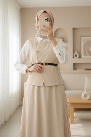 Çapraz Düğmeli Yelek Etek İkili Takım -Bej