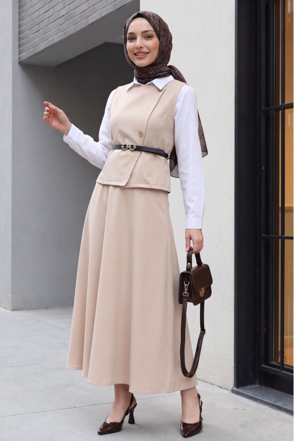 Cross Button Vest and Skirt Suit - Beige