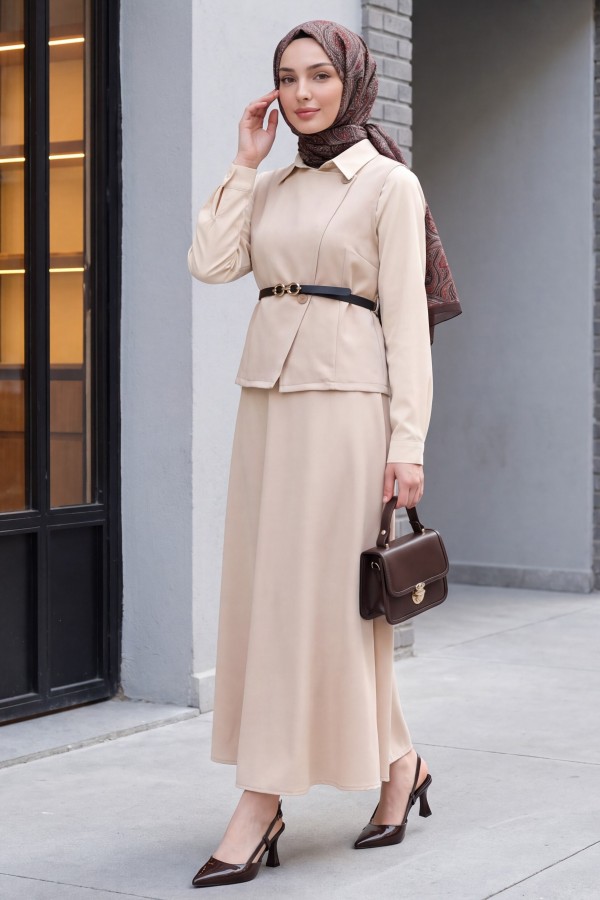 Cross Button Vest and Skirt Suit - Beige