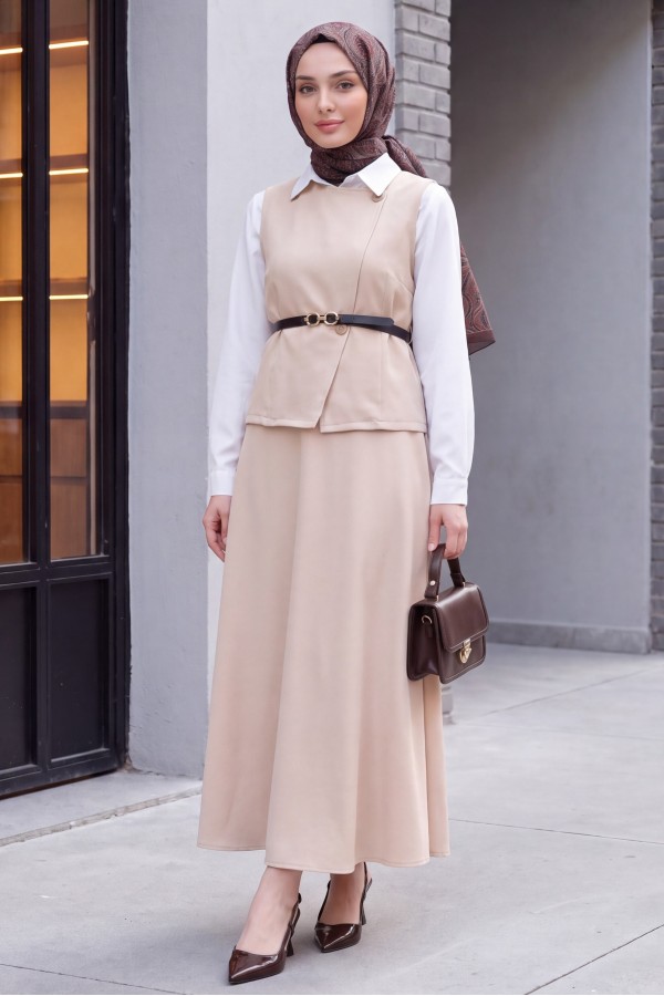 Cross Button Vest and Skirt Suit - Beige