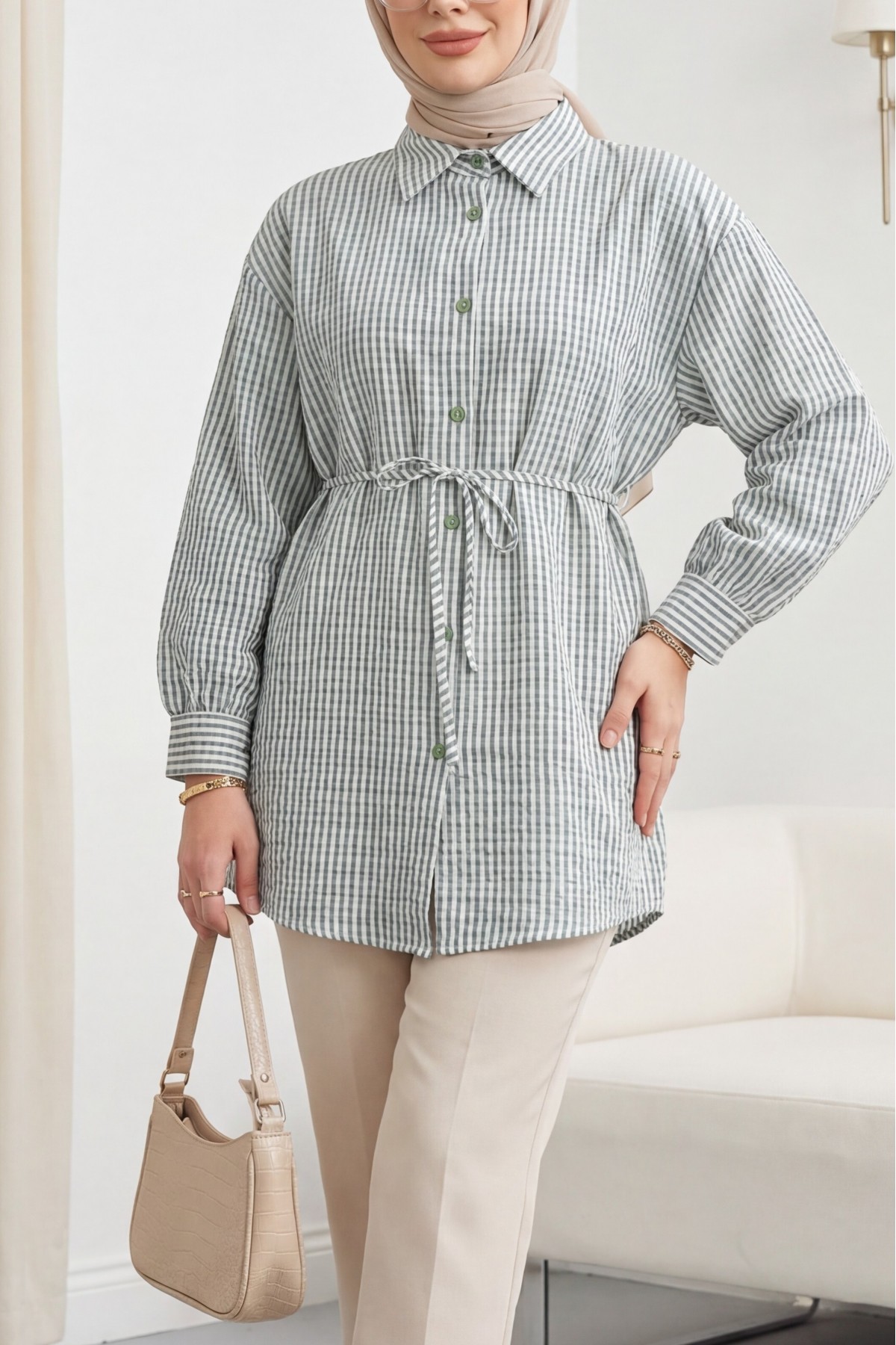 Buttoned Lace-Up Striped Crepe Shirt -Green