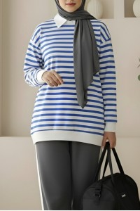 Yan Çizgili Bisiklet Yaka Sweat   -İndigo