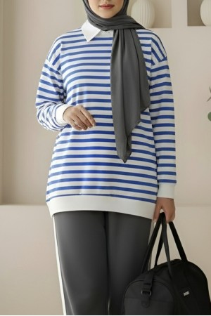 Yan Çizgili Bisiklet Yaka Sweat   -İndigo