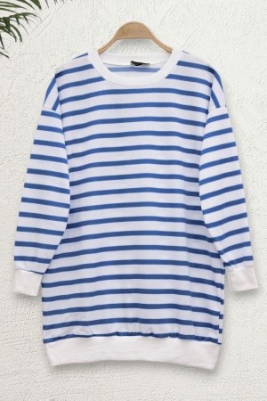 Yan Çizgili Bisiklet Yaka Sweat   -İndigo