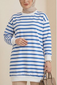 Yan Çizgili Bisiklet Yaka Sweat   -İndigo