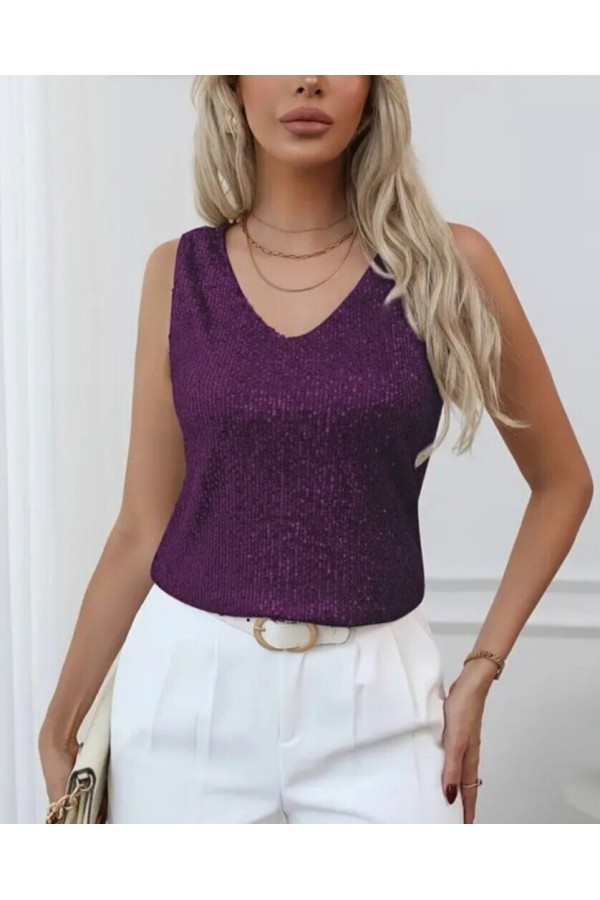Sequined Zero Sleeve Blouse -Damson