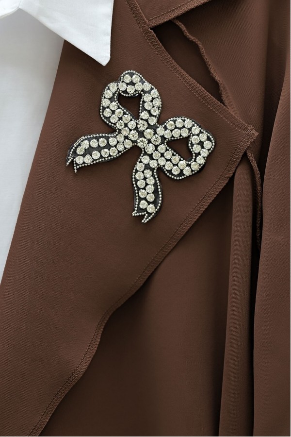 Yakası Taş Armalı Kemerli Scuba Kimono -Kahve