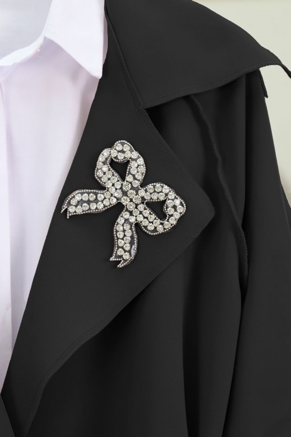 Yakası Taş Armalı Kemerli Scuba Kimono -Siyah