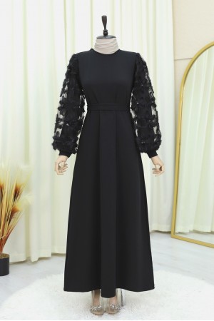 Kabartma Çiçekli Tül Kollu Kemerli Elbise -Siyah