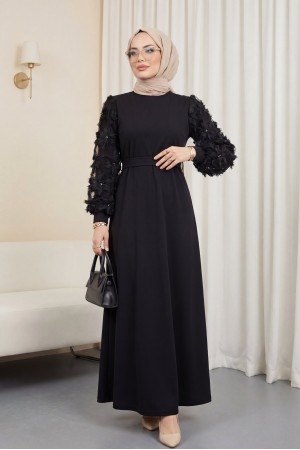 Kabartma Çiçekli Tül Kollu Kemerli Elbise -Siyah