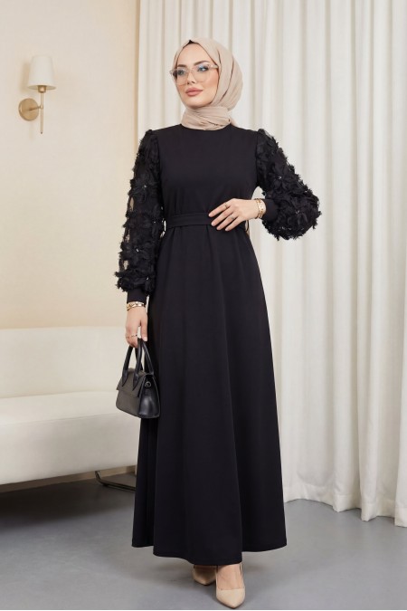Kabartma Çiçekli Tül Kollu Kemerli Elbise -Siyah
