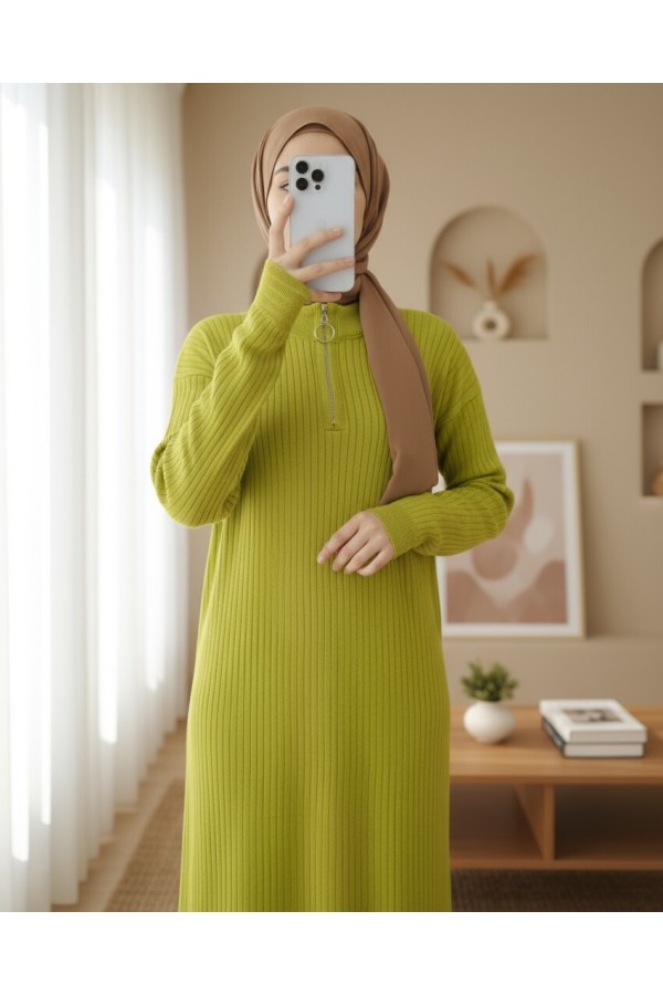 Ribbed Long Knit Dress with Zipper Collar -PISTACHIO GREEN