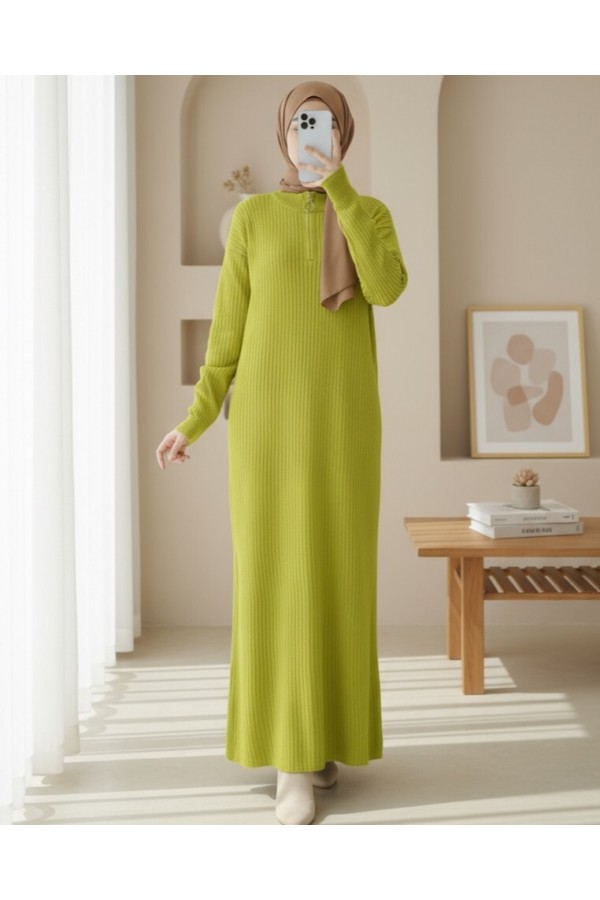 Ribbed Long Knit Dress with Zipper Collar -PISTACHIO GREEN