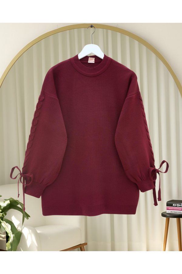 Round  Neck Knitted Detailed Sweater -Maroon