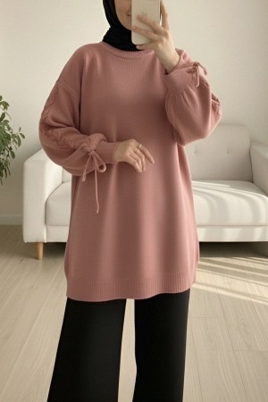 Round  Neck Knitted Detailed Sweater -Dried rose