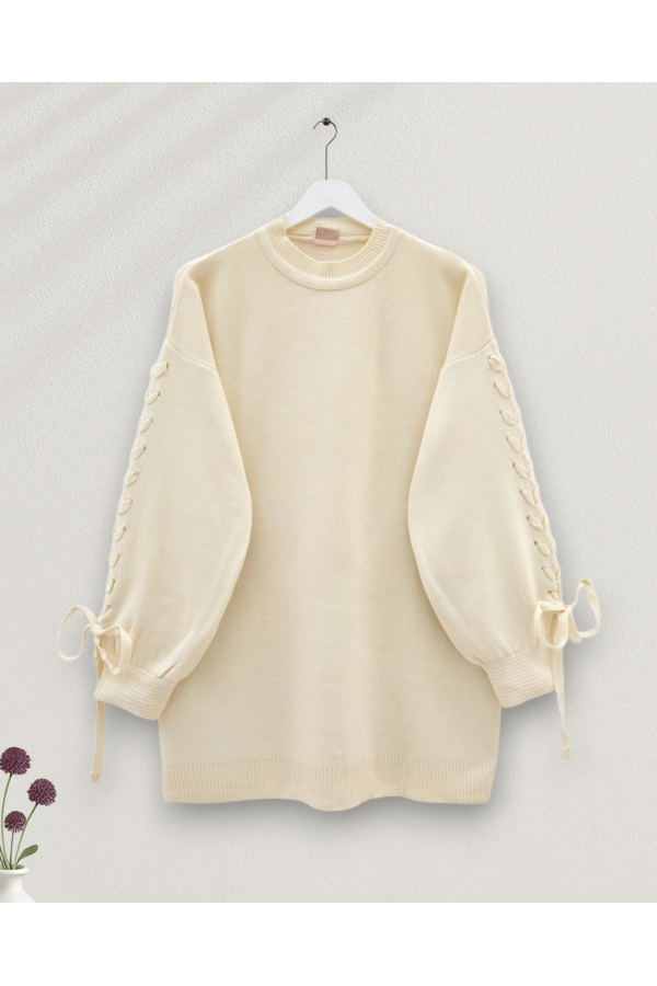 Round  Neck Knitted Detailed Sweater -Cream color