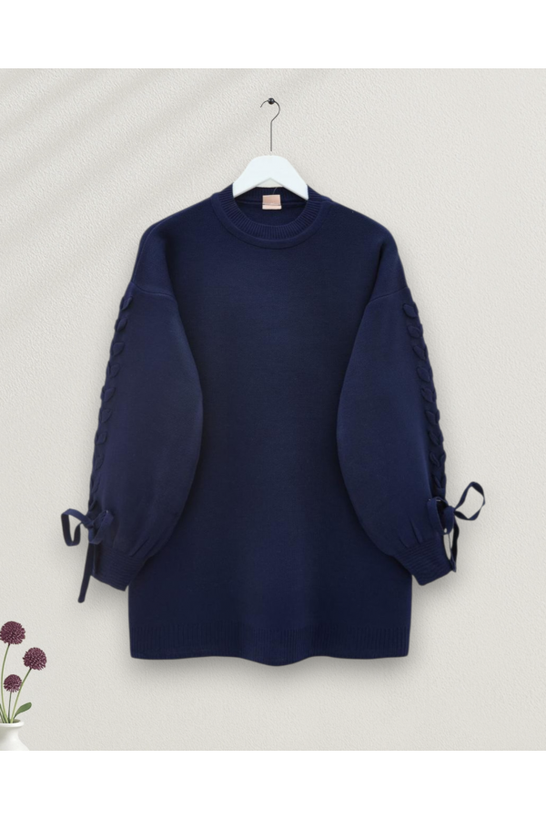 Round  Neck Knitted Detailed Sweater -Navy blue