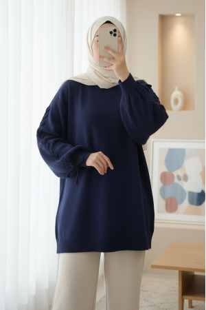 Round  Neck Knitted Detailed Sweater -Navy blue