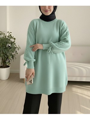 Yuvarlak Yaka Kolu Örgü Detaylı Triko Kazak -Su Yeşili