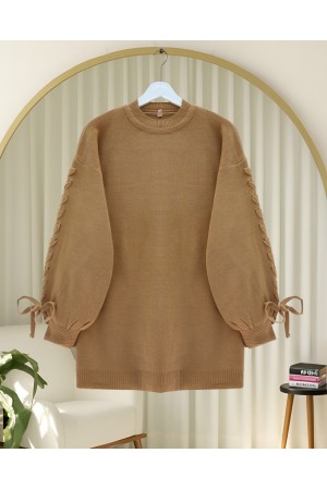 Round  Neck Knitted Detailed Sweater -Mink color