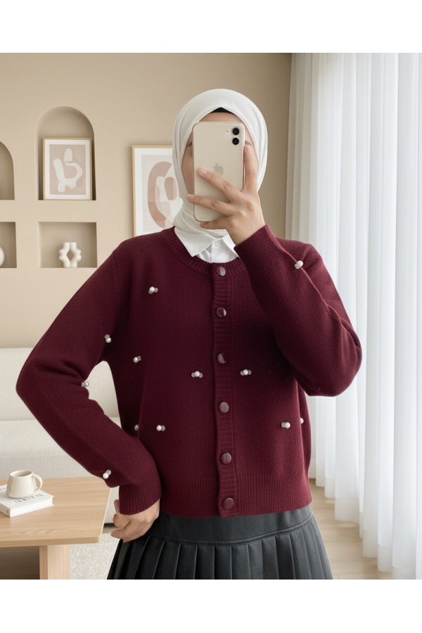 Soft Cardigan with Buttoned Flower Details -Maroon