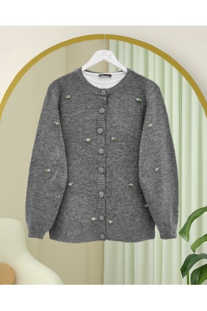 Düğmeli Çiçek Detaylı Yumoş Hırka -Füme