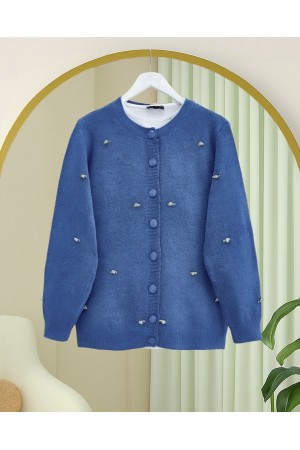كارديجان ناعم مع تفاصيل زهور بأزرار -أزرق