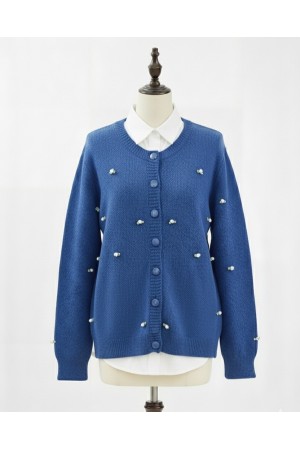 كارديجان ناعم مع تفاصيل زهور بأزرار -أزرق