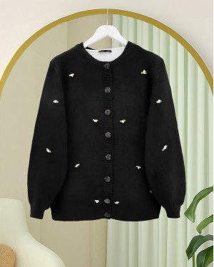 Soft Cardigan with Buttoned Flower Details -Black