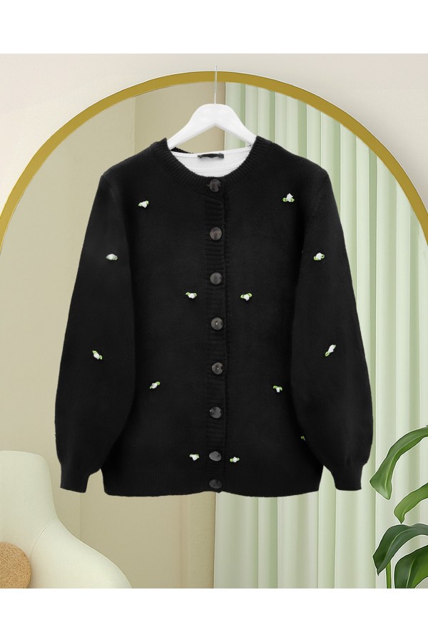 Soft Cardigan with Buttoned Flower Details -Black