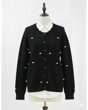 Soft Cardigan with Buttoned Flower Details -Black
