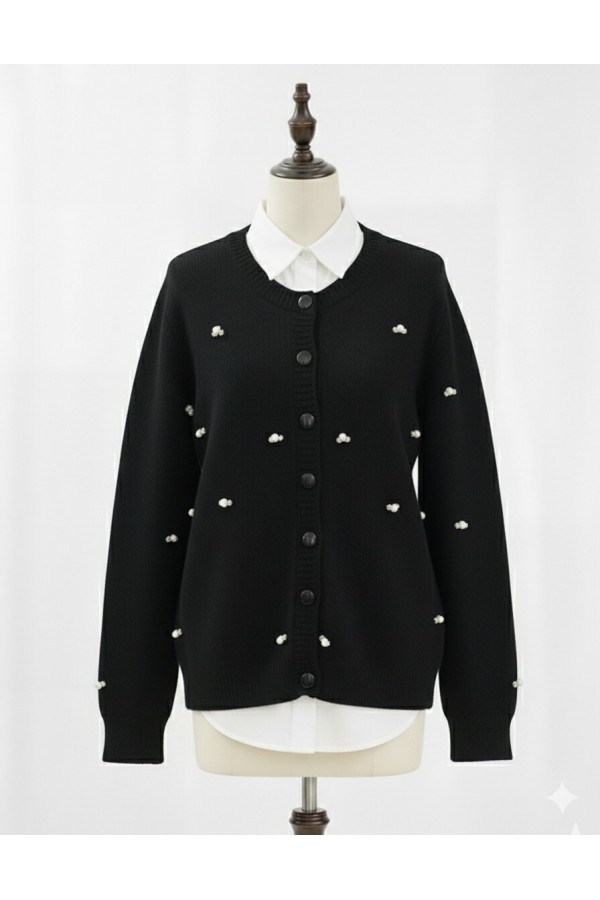 Soft Cardigan with Buttoned Flower Details -Black